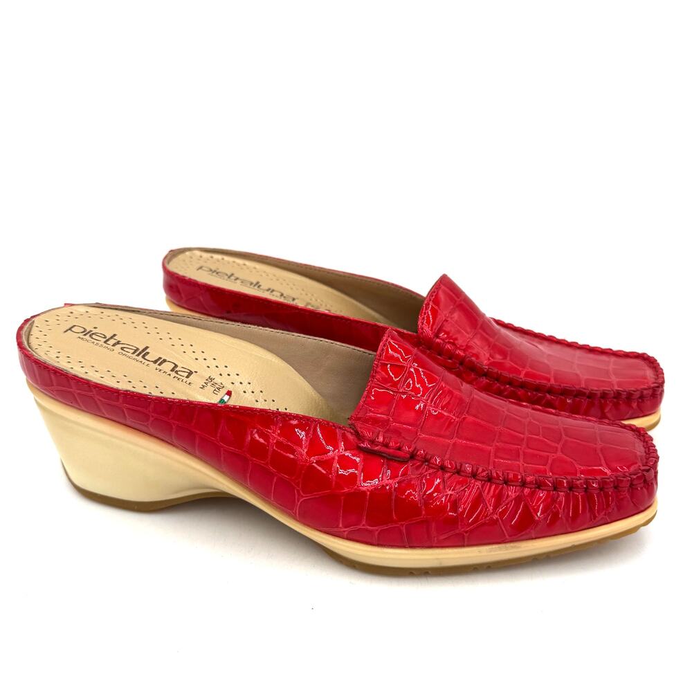 Pietraluna Red Crocodile Italian Square Toe Slip On Mules Shoes Size 38 / 7.5